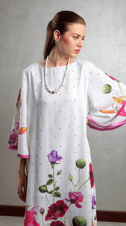 White Multi-Colored Floral Long Shirt - AREEJ | Online