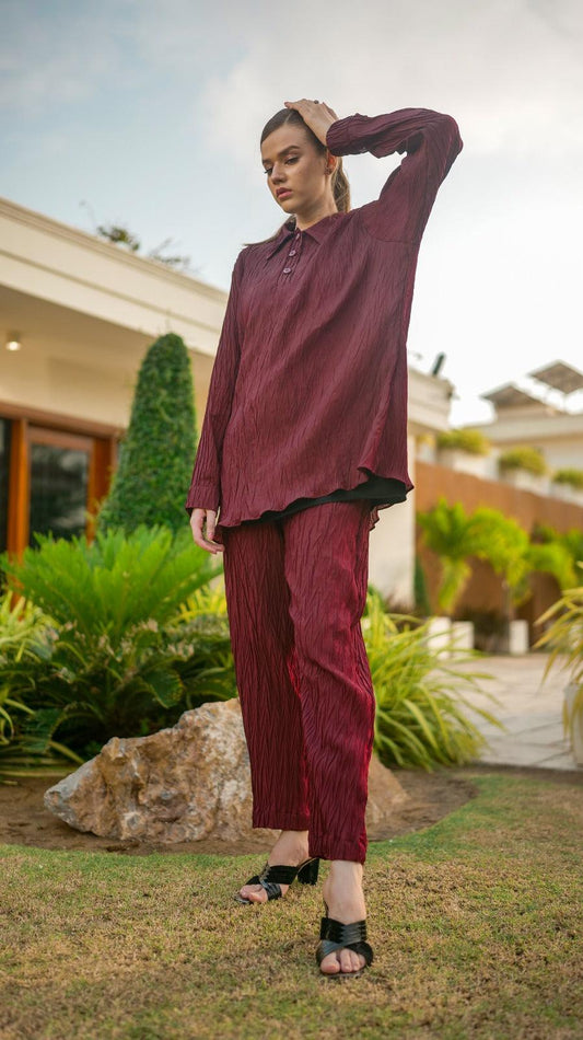 Maroon Pleated POLO Co-Ord Set - AREEJ | Online