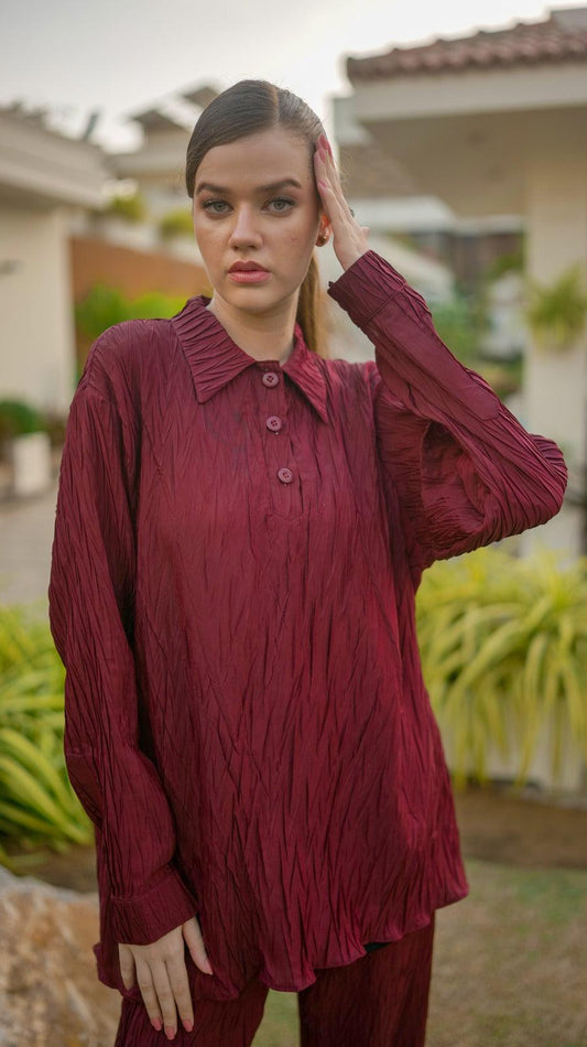 Maroon Pleated POLO Co-Ord Set - AREEJ | Online